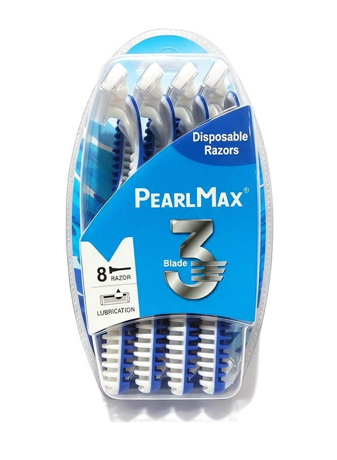 PearlMax Triple Blade Razor (Blue) | Disposable Razor for Men | Super Stainless | 8 Razors